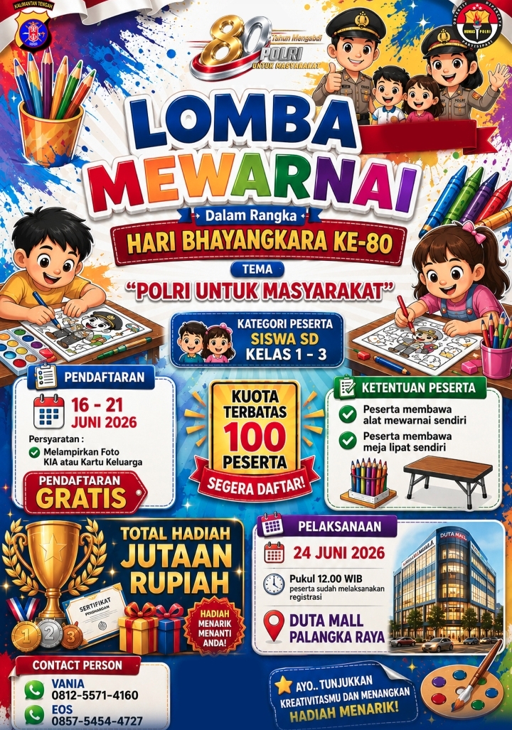 Meriahkan Hari Bhayangkara ke-80, Polda Kalteng Gelar Lomba Mewarnai Anak SD Hadiah Jutaan Rupiah