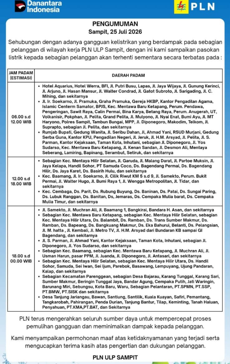 Jadwal pemadaman bergilir di Kotim