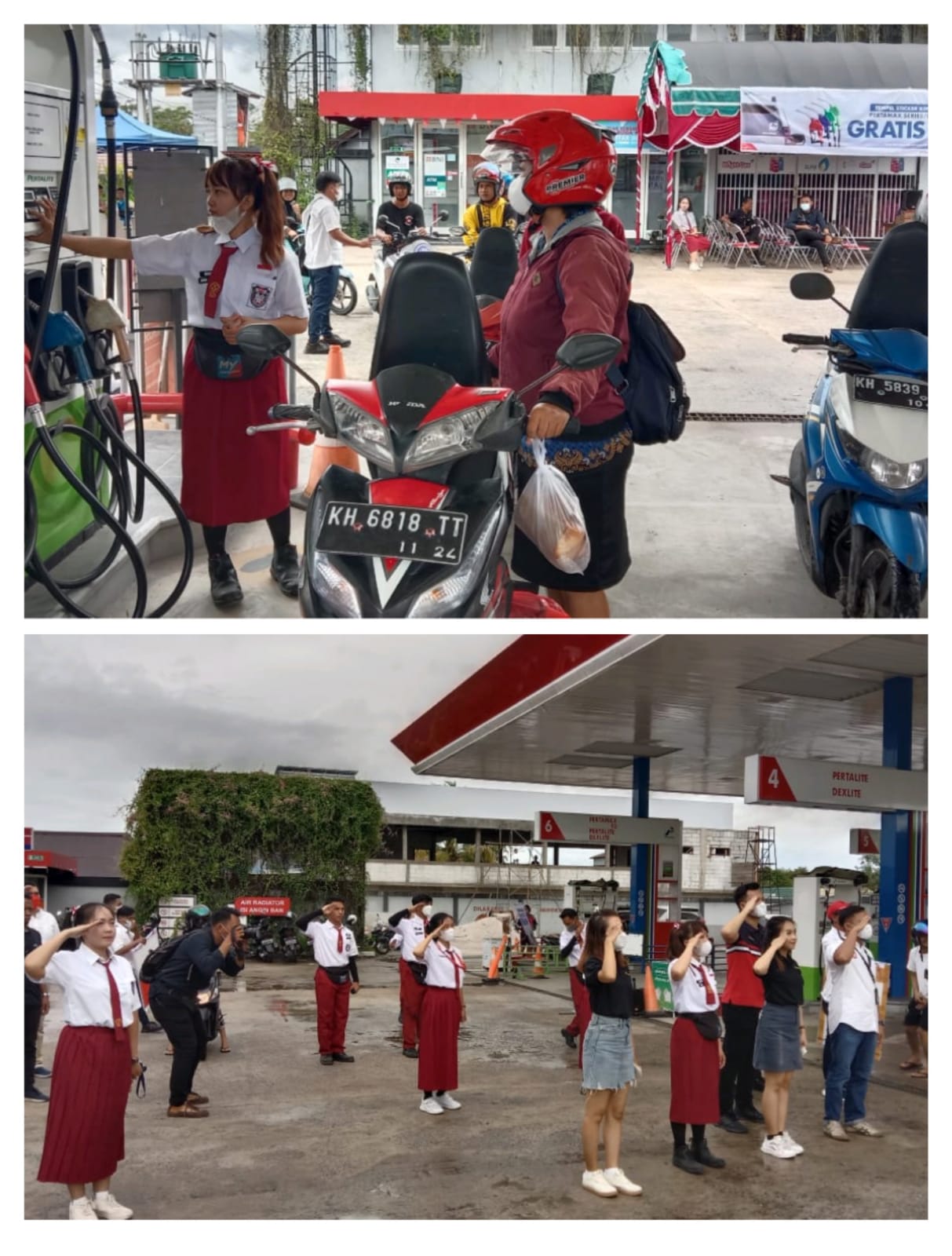 GRATIS : Karyawan SPBU menggunakan pakaian anak SD saat memberikan pelayanan BBM gratis kepada masyarakat. FOTO : ISTIMEWA